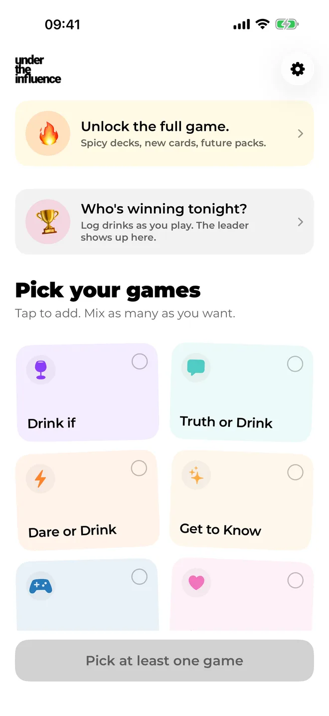 Home screen with colored game tiles