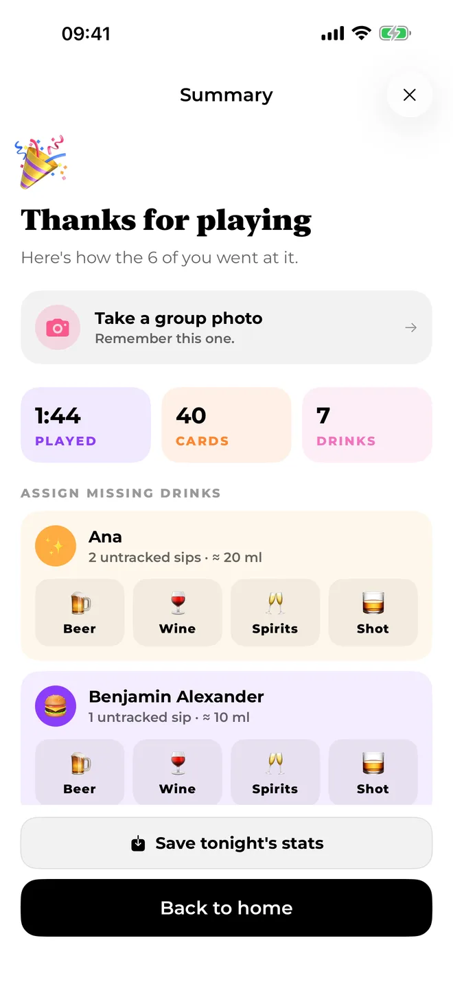 Night summary with time played, cards and drinks